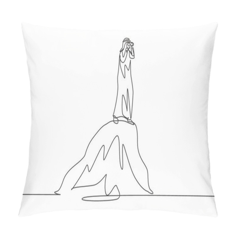 Personality  Single Continuous Line Drawing Arab Businessman Standing On Hill While Looking At Binoculars. Symbol Leadership, Strategy, Mission, Objectives. Dynamic One Line Draw Graphic Design Vector Illustration Pillow Covers