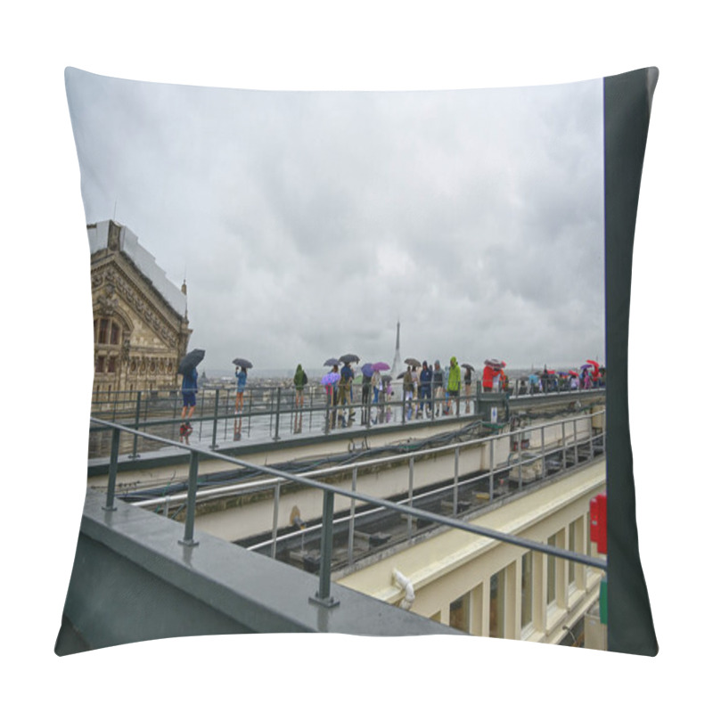 Personality  Paris, France, June 2022. The Panoramic Terrace Of Galeries Lafayette On A Rainy Day: Tourists Do Not Give Up Enjoying The Particular Point Of View Over The City. The Eiffel Tower Is Recognizable. Pillow Covers