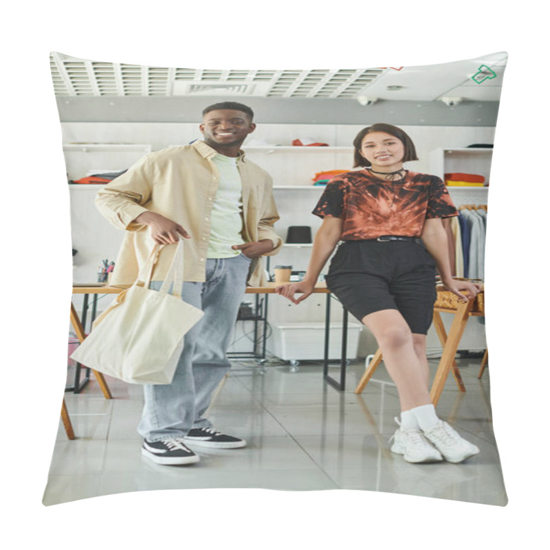 Personality  Cheerful Multiethnic Fashion Designers With Canvas Shopping Bag Looking At Camera In Print Studio Pillow Covers