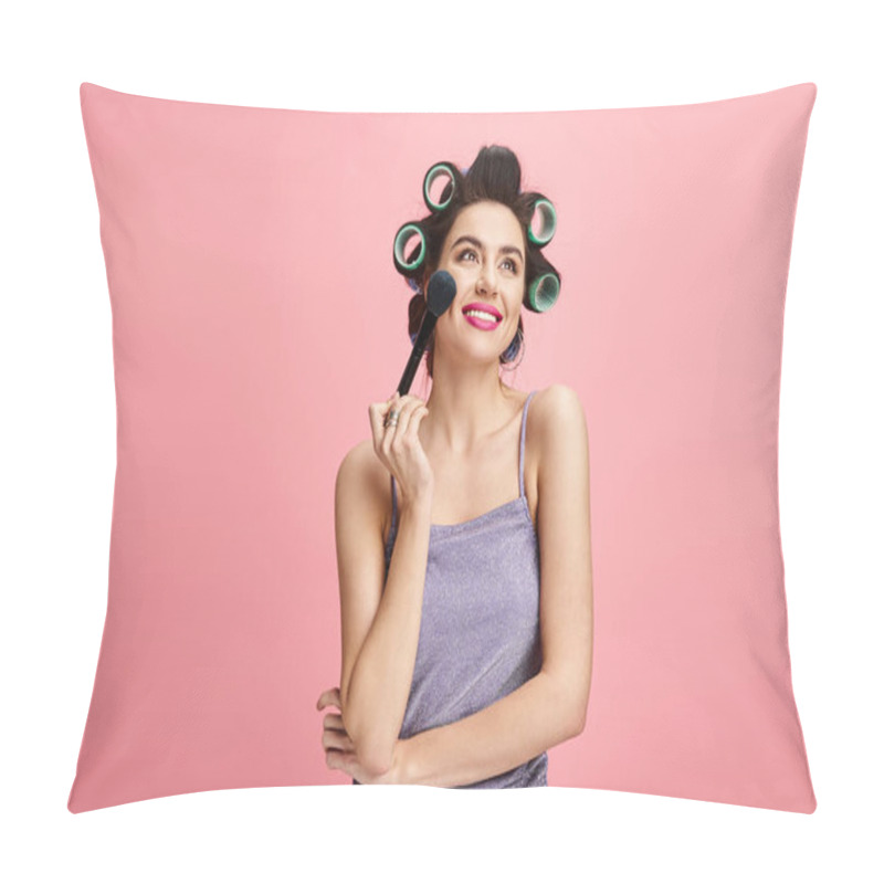 Personality  A Woman With Curlers In Her Hair Holds A Brush. Pillow Covers