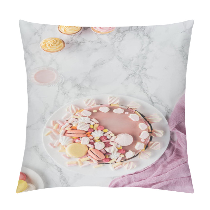 Personality  Flat Lay With Pink Birthday Cake With Marshmallows, Cupcakes And Milkshake On Marble Table  Pillow Covers