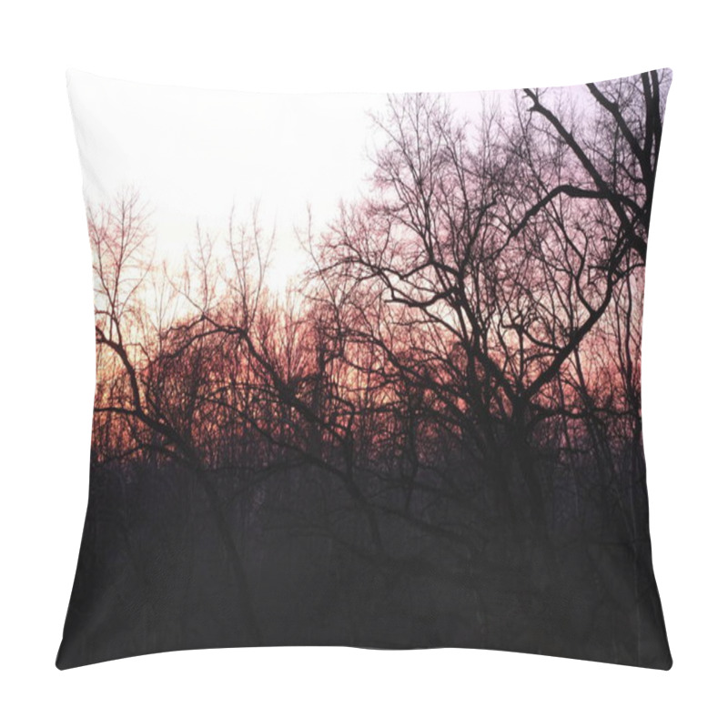 Personality  The Silhouette Of A Forest Scene With Intertwining Tree Branches During A Vivid Sunset. The Contrast Of The Dark Branches With The Vibrant Sky Adds Depth And An Artistic Touch To The Composition Pillow Covers