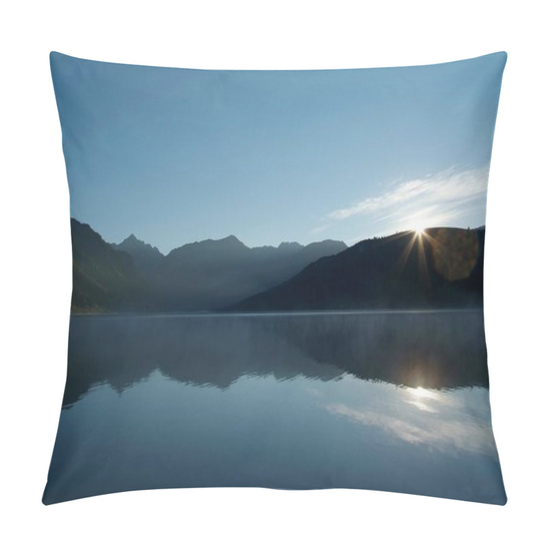 Personality  Symmetrical Mountains Reflected In The Lake With Beautiful Blue Skies And Dense Mist Pillow Covers