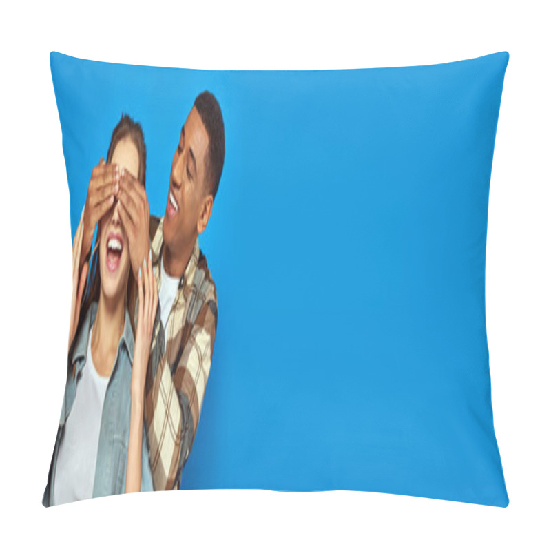 Personality  Excited African American Man Covering Eyes Of Woman With Open Mouth On Blue Background, Banner Pillow Covers