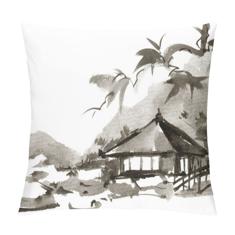 Personality  Landscape With Building And Stones - Grayscale Ink Painting On White Background. Oriental Traditional Ink Painting In Sumi-e Style. Pillow Covers