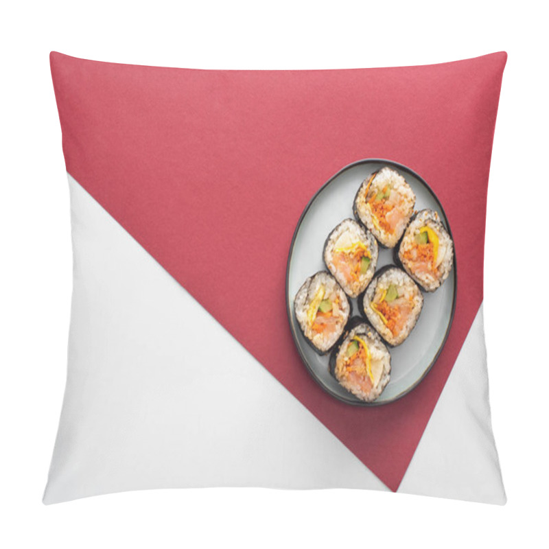 Personality  Top View Of Plate With Gimbap On White And Crimson  Pillow Covers