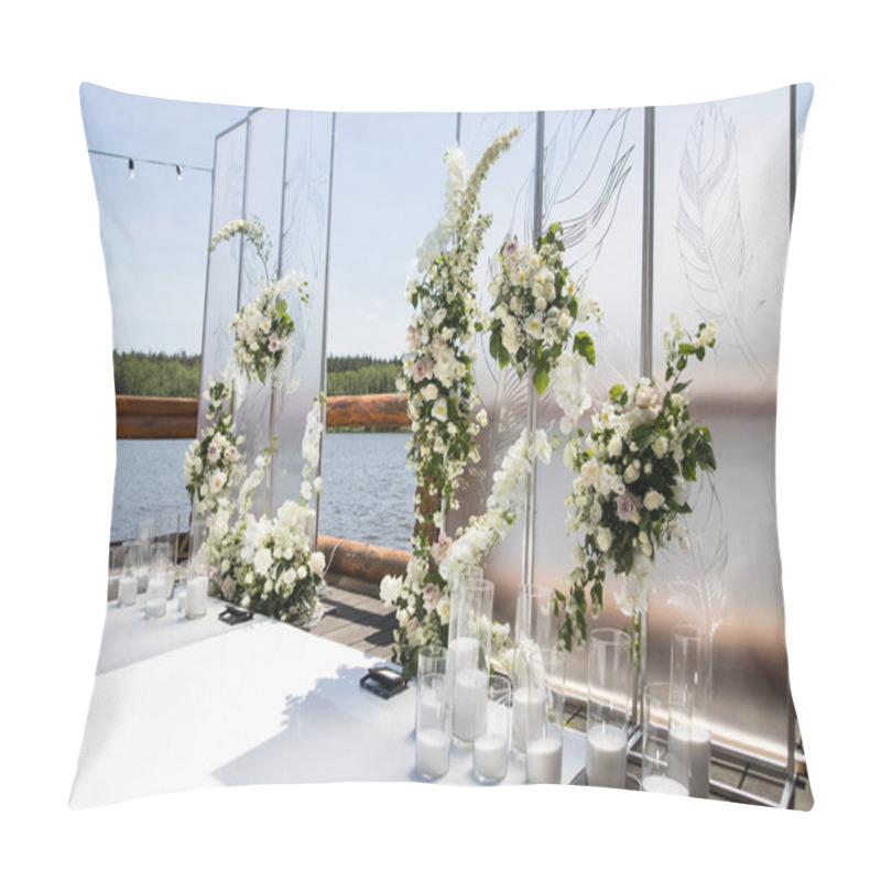 Personality  Side View Of Wedding Ceremony With White Transparent Screens And Fresh Flowers And Candles. Wedding Exit Ceremony With Two Screens With Feather And White Rose Pillow Covers