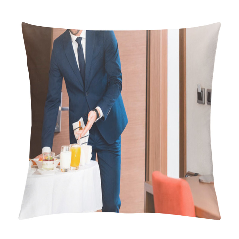 Personality  Cropped View Of Cheerful Receptionist Gesturing Near Breakfast In Hotel Room  Pillow Covers