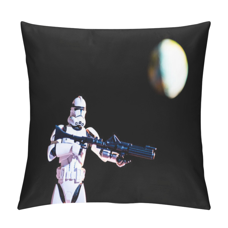 Personality  White Imperial Stormtrooper Figure With Gun On Black Background With Blurred Planet Earth Pillow Covers