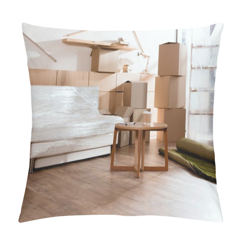 Personality  Sofa, Table, Rolled Carpet And Cardboard Boxes In New Apartment Pillow Covers