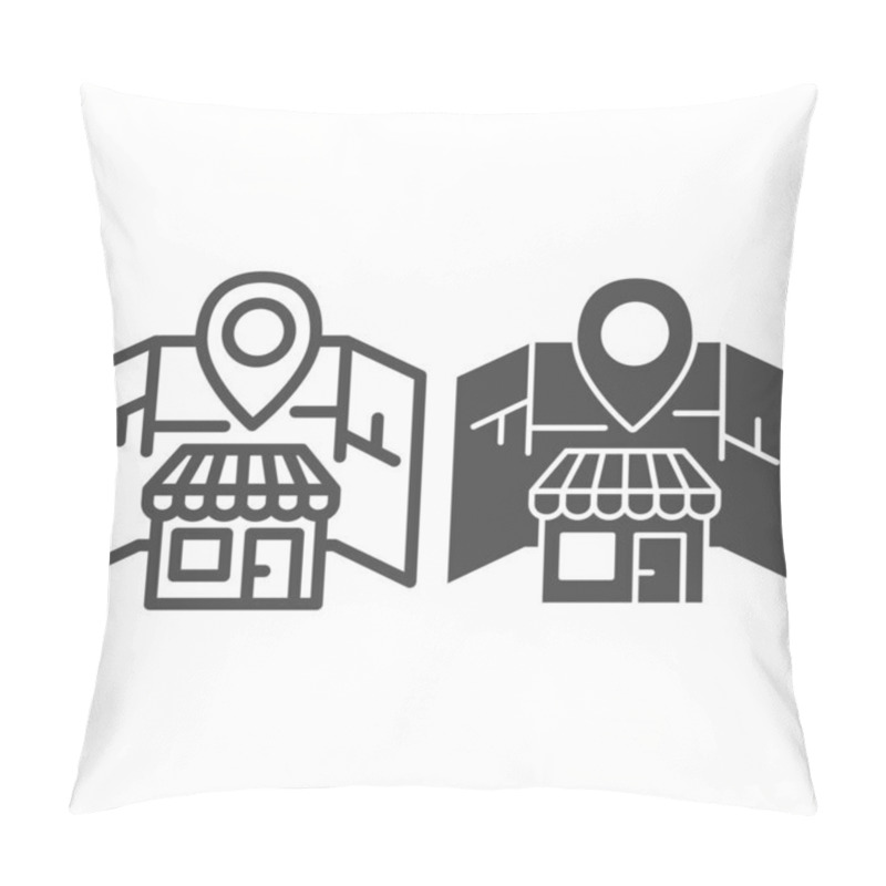 Personality  Map And Store With Location Marker Line And Solid Icon, Navigation Concept, Shop Location Sign On White Background, Navigation Pin For Supermarket Icon In Outline Style For Mobile. Vector Graphics. Pillow Covers