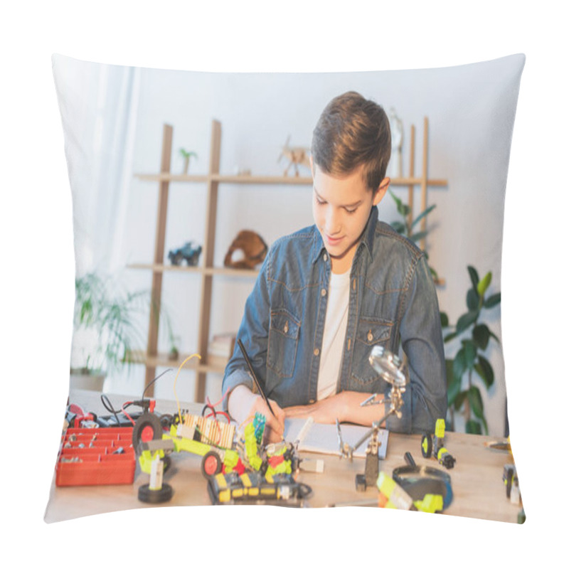 Personality  Preteen Child Writing On Notebook Near Tools And Robotic Model At Home  Pillow Covers