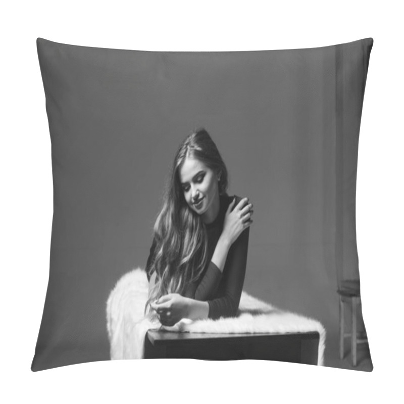 Personality  Sexy Young Woman With Big Breast. Girl Posing On Black Wall In Studio. Pillow Covers