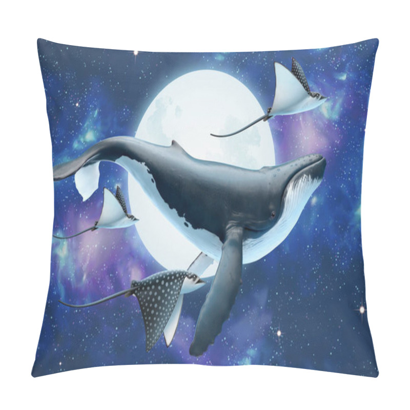 Personality  Surreal Scene Of Humpback Whale With Stingrays Flying Through The Silver Moon In Beautiful Cosmos, 3d Illustration Pillow Covers