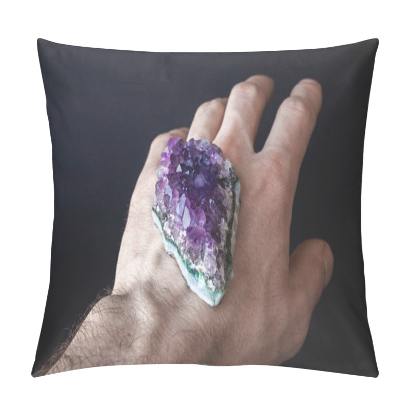 Personality  Druse Of Natural Untreated Violet Crystals Of Amethyst On A Piece Of Rock Lies On The Palm Of Your Hand Pillow Covers