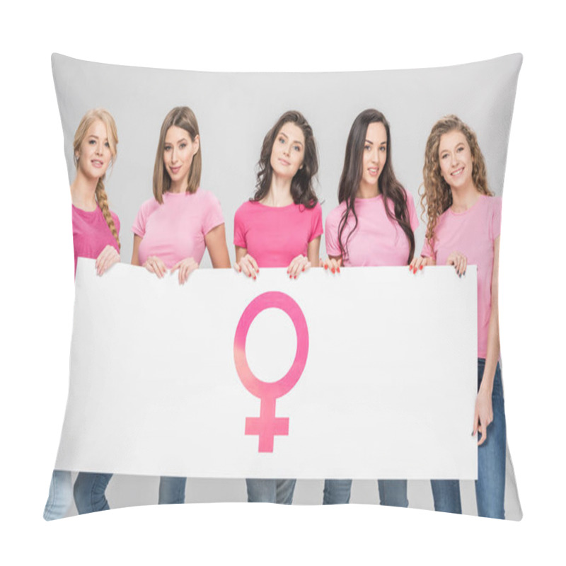 Personality  Happy Women Holding Large Sign With Female Symbol Isolated On Grey Pillow Covers