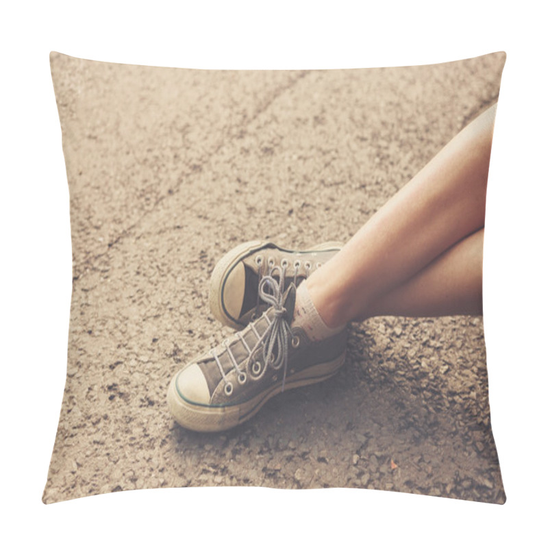 Personality  The Feet Of A Young Woman Sitting In The Street Pillow Covers