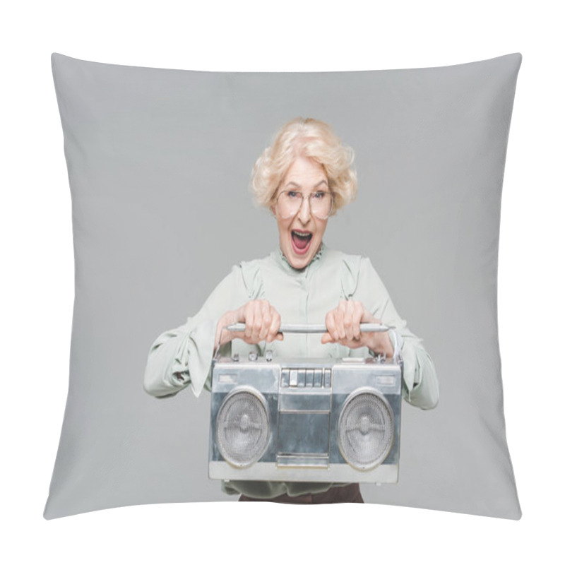 Personality  Shouting Senior Woman With Boombox Isolated On Grey Pillow Covers