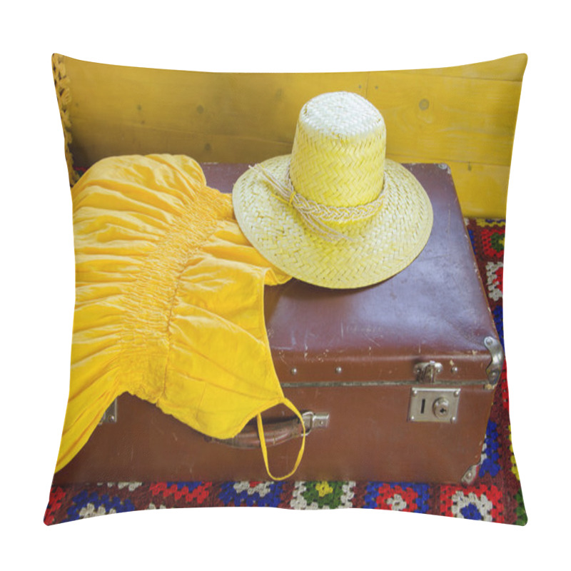 Personality  Yellow Dress And Straw Hat Lying On Old Suitcase Pillow Covers