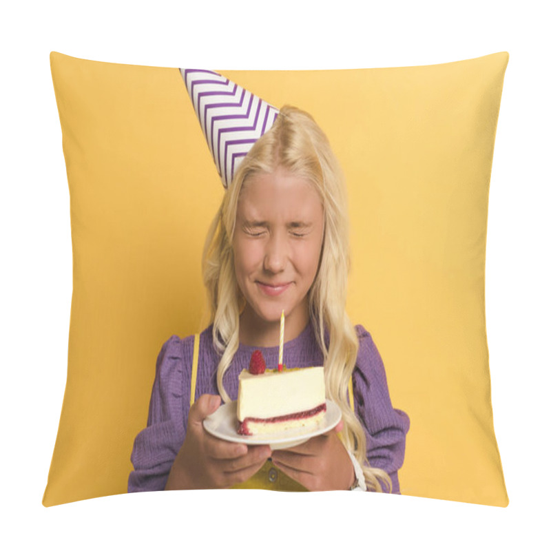 Personality  Smiling Kid Holding Plate With Birthday Cake And Making Wish On Yellow Background  Pillow Covers