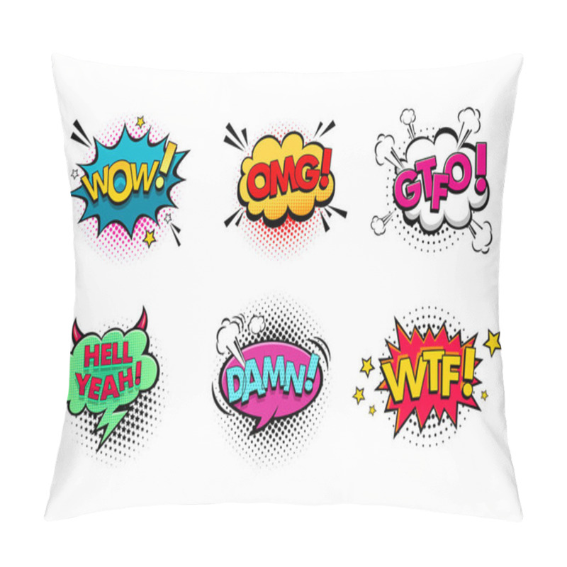 Personality  Comic Speech Bubbles Set With Different Emotions And Text Wow, Omg, Gtfo, Hell Yeah, Damn, Wtf . Vector Bright Dynamic Cartoon Illustrations Isolated On White Background. Pillow Covers