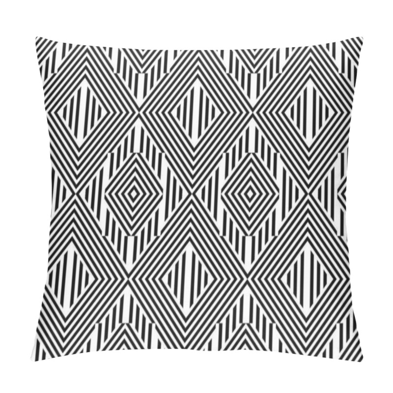 Personality  Seamless Pattern With Striped Black White Straight Lines And Diagonal Inclined Lines (zigzag, Chevron). Optical Illusion Effect, Op Art. Background For Cloth, Fabric, Textile, Tartan. Pillow Covers