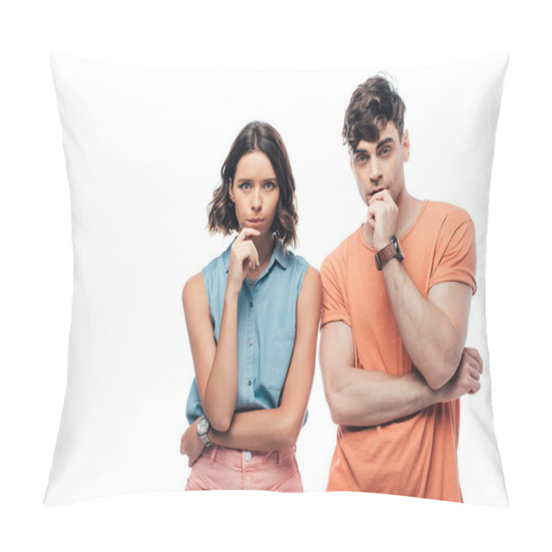 Personality  Thoughtful Man And Woman Looking At Camera While Holding Hands Near Faces Isolated On White Pillow Covers