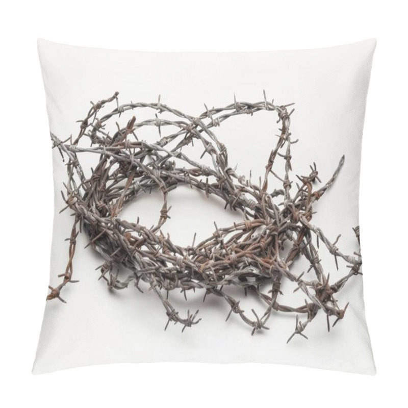 Personality  A Tangle Of Weathered Barbed Wire, Showcasing Its Rusty Texture And Intricate Patterns. Pillow Covers