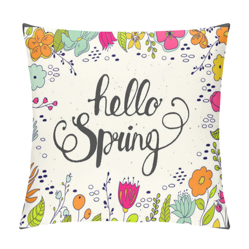 Personality  Hello Spring Lettering With Floral On Background. Pillow Covers