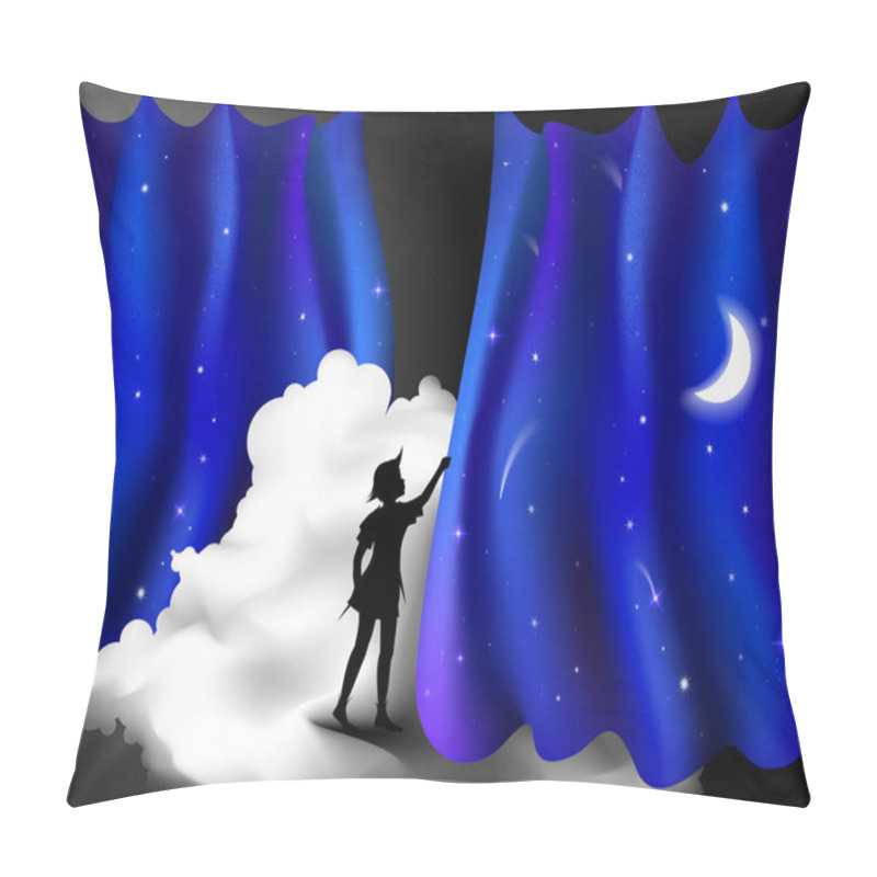 Personality  Peter Pan Story, Boy Standing On The Cloud Behind The Night Blue Curtain, Fairy Night, Peter Pan, Pillow Covers