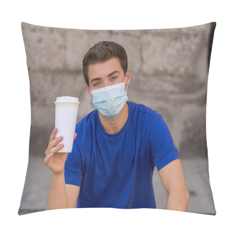 Personality  COVID-19 Outbreak. Young Man Walking In City Street Wearing Protective Surgical Face Mask And Drinking Coffee. Coronavirus, The New Normal And Mandatory Use Of Face Mask Pillow Covers