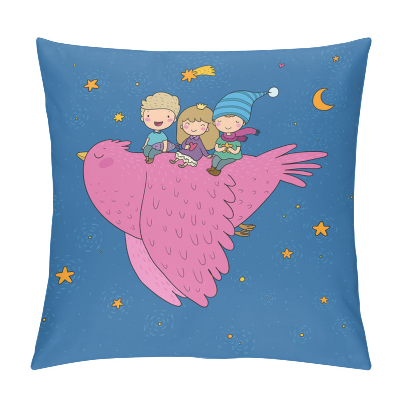 Personality  Cute Cartoon Kids Are Flying On A Bird. Funny Gnomes And Princess. Little Elves. Small Children Pillow Covers