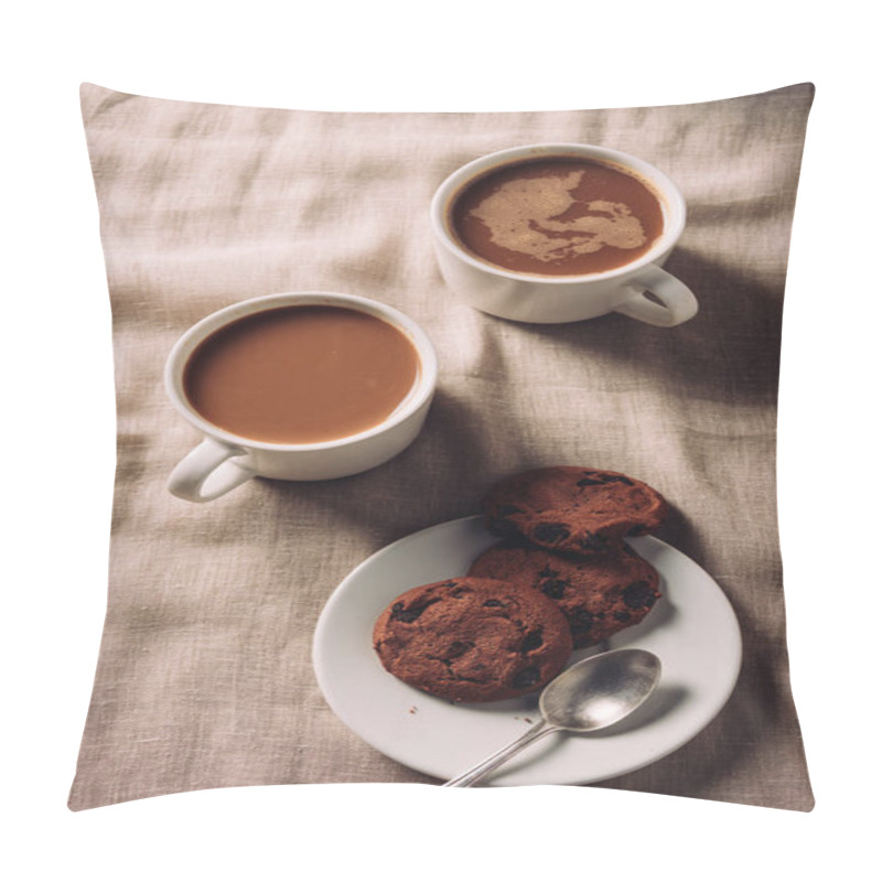 Personality  Top View Of Cups Of Coffee With Chocolate Chip Cookies On Plate On Beige Cloth Pillow Covers