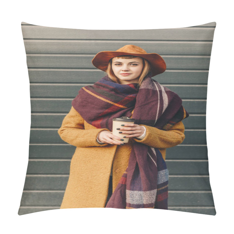 Personality  Portrait Of Attractive Woman In Autumn Jacket And Hat With Coffee To Go In Hands Pillow Covers