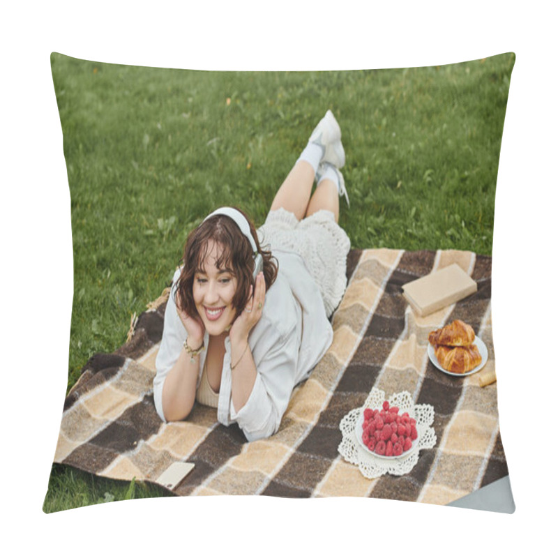 Personality  A Young Woman Relaxes On A Picnic Blanket, Savoring The Warmth Of Summer While Enjoying Sweet Berries And Pastries. Pillow Covers