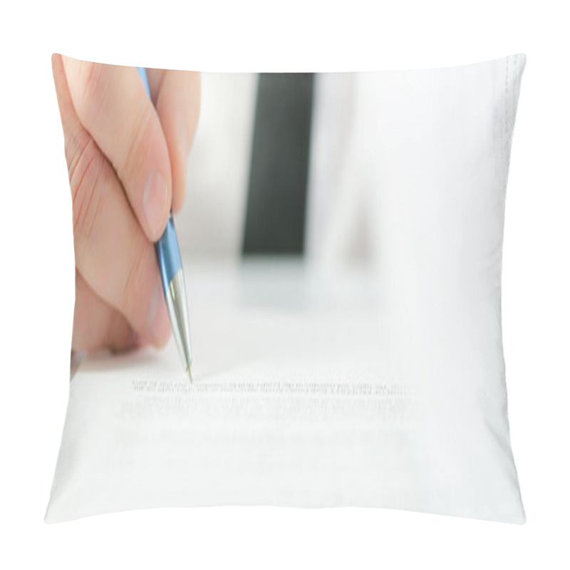 Personality  Wide View Of Businessman Flipping A Page Of Contract And Signing It With A Pen Pillow Covers