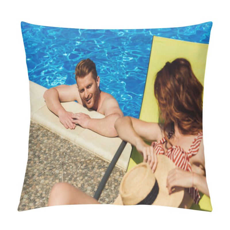 Personality  Young Man Flirting With Woman Lying On Sun Lounger While Swimming In Pool Pillow Covers