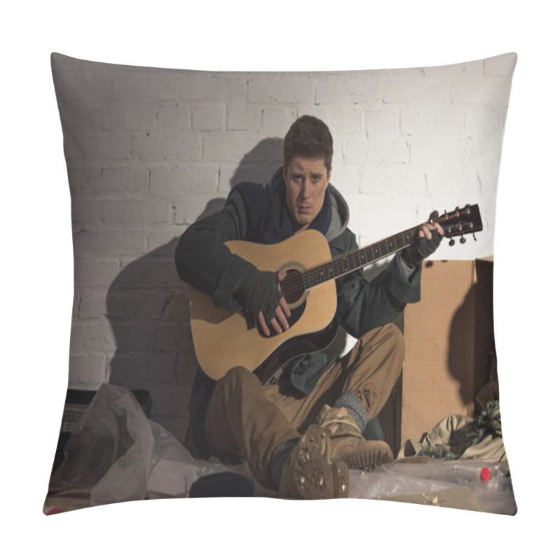 Personality  Sad Homeless Man Playing Acoustic Guitar Near White Brick Wall Pillow Covers