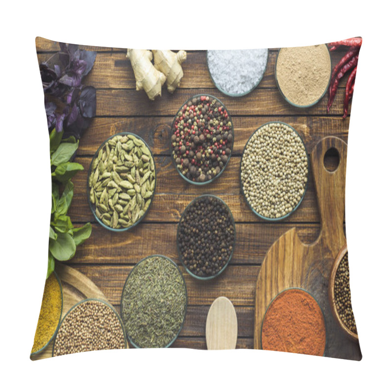 Personality  Various Spices On Wooden Surface Pillow Covers