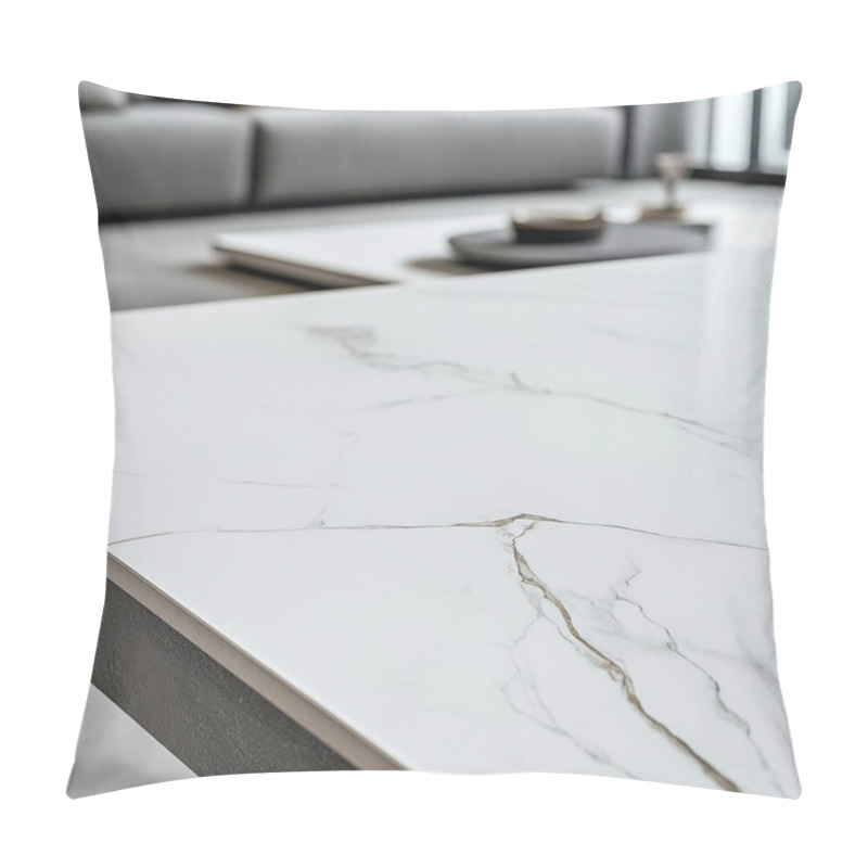 Personality  Elegant White Marble Coffee Table With Stylish Gray Sofa In A Modern Living Room. Pillow Covers