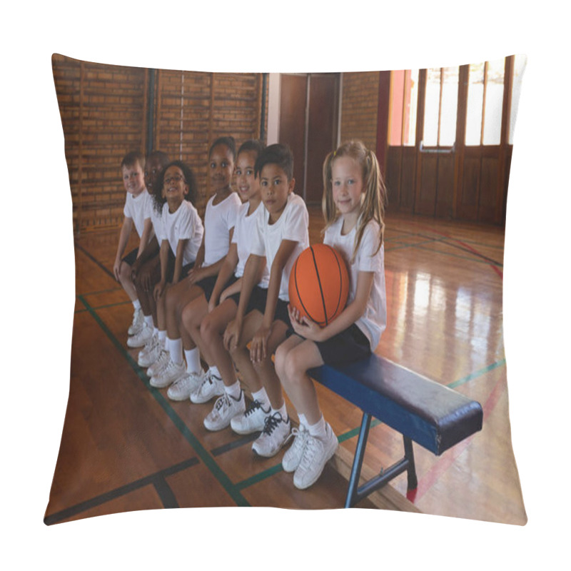 Personality  Side View Of Schoolkids With Basketball Sitting On Bench Looking At Camera In Basketball Court Pillow Covers