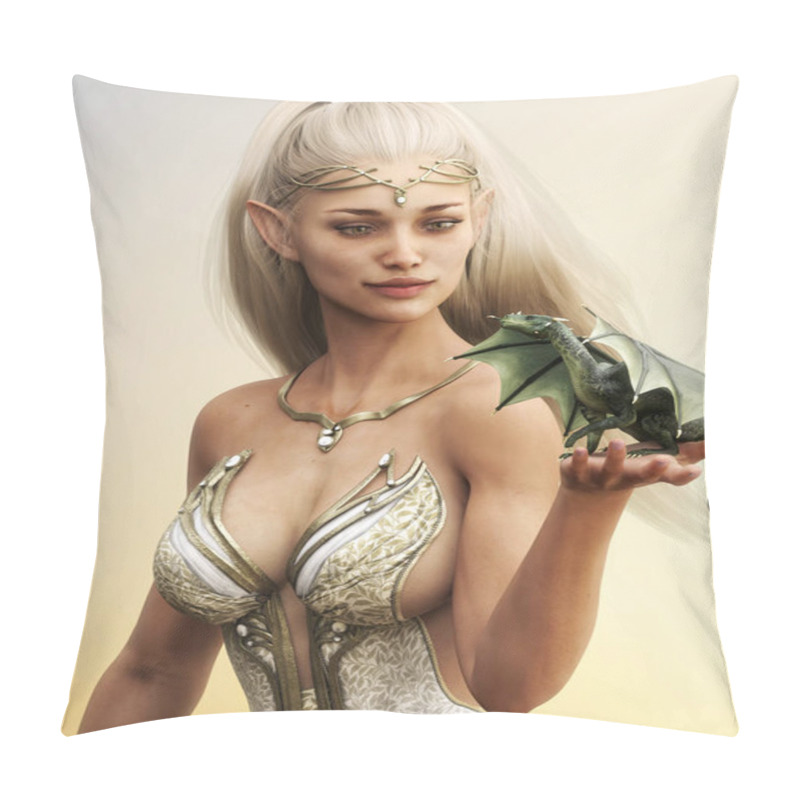 Personality  Portrait Of A Fantasy Wood Elf Female With Long Golden Flowing Hair And Her Mythical Green Dragon .3d Rendering Pillow Covers