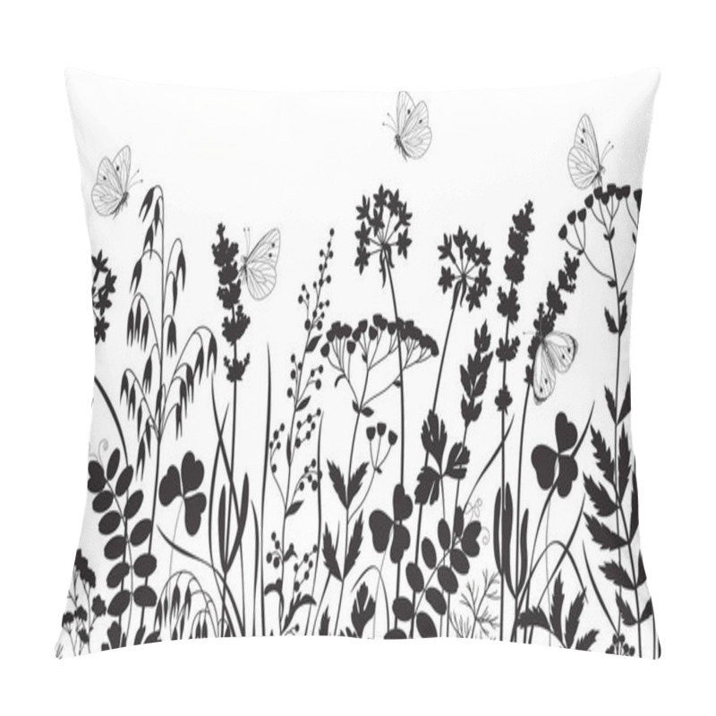 Personality  Seamless Horizontal Border Made With Monochrome Wild Plants And Butterflies. Black Silhouette Meadow Grass And Wildflowers In Row On White Background.  Floral Pattern Vector Flat Illustration. Pillow Covers