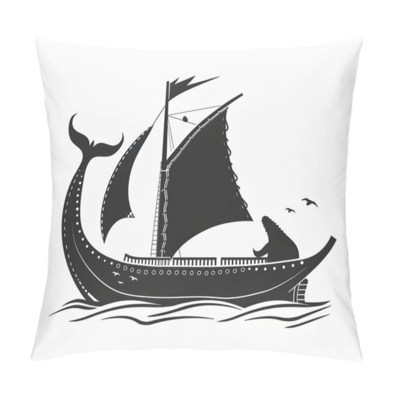 Personality  A Mythical Ship Featuring A Dragon Figurehead Sailing Amidst Stylized Waves. Pillow Covers