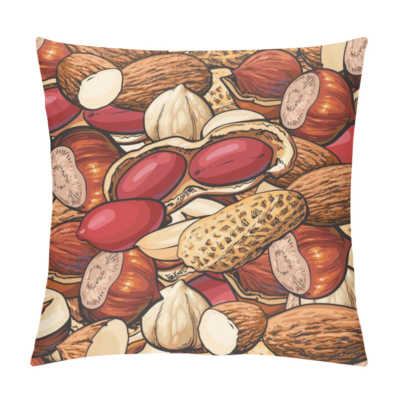 Personality  Various Nuts Seamless Pattern With Mix Of Peanut, Almond And Hazelnut Vector Illustration. Pillow Covers