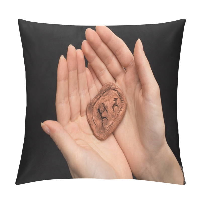 Personality  Cropped View Of Shaman Holding Clay Amulet With Signs Isolated On Black  Pillow Covers