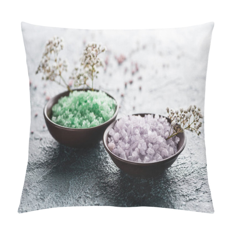 Personality  Close-up View Of Sea Salt In Bowls And Small White Flowers Pillow Covers