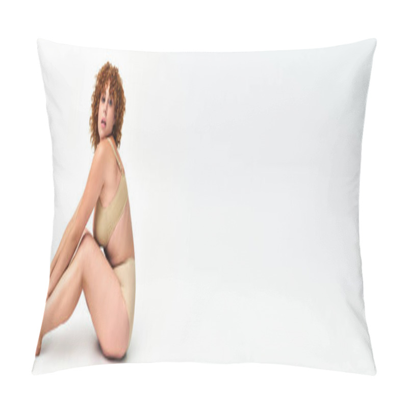 Personality  Curvy Woman With Red Wavy Hair Sitting In Lingerie And Looking At Camera On White, Horizontal Banner Pillow Covers