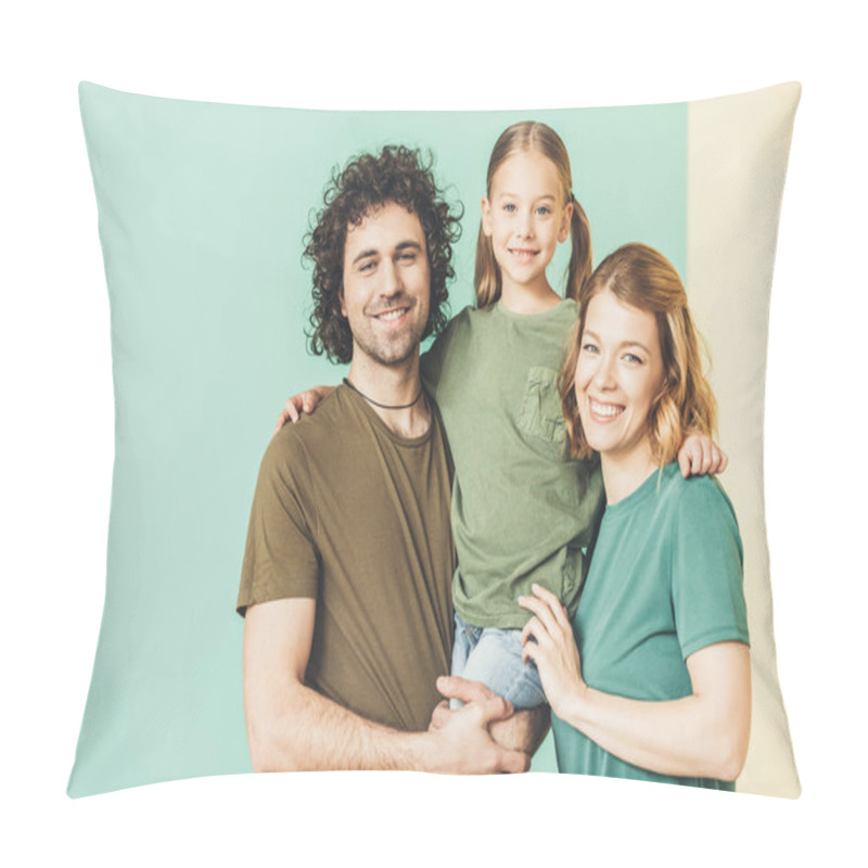 Personality  Happy Parents Carrying Adorable Little Daughter And Smiling At Camera Pillow Covers