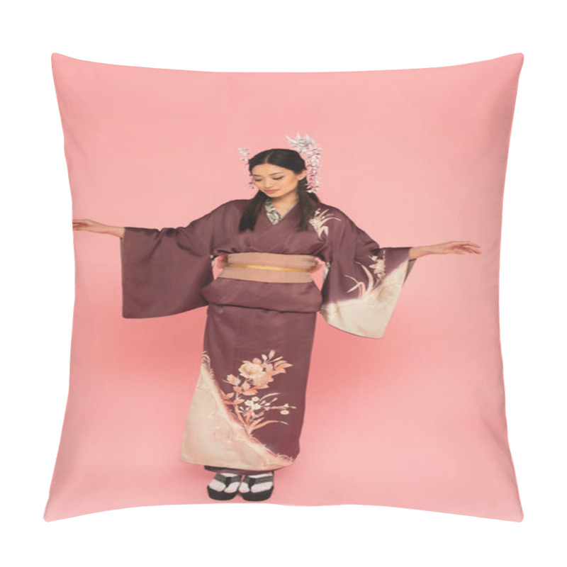 Personality  Full Length Of Asian Woman In Oriental Wear Standing On Pink Background Pillow Covers